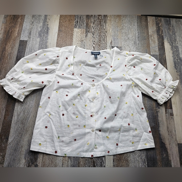 ModCloth Women's Large Blouse Button Front Ladybug Yellow Flowers - Picture 1 of 5